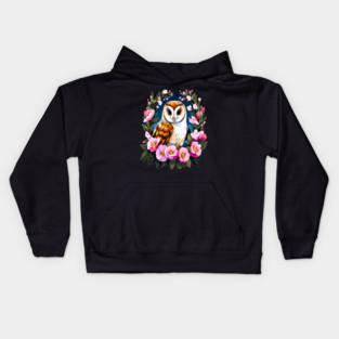 Cute European Barn Owl Surrounded by Bold Vibrant Spring Flowers Kids Hoodie