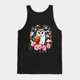 Cute European Barn Owl Surrounded by Bold Vibrant Spring Flowers Tank Top