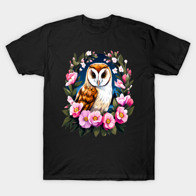 Cute European Barn Owl Surrounded by Bold Vibrant Spring Flowers T-Shirt by BirdsnStuff