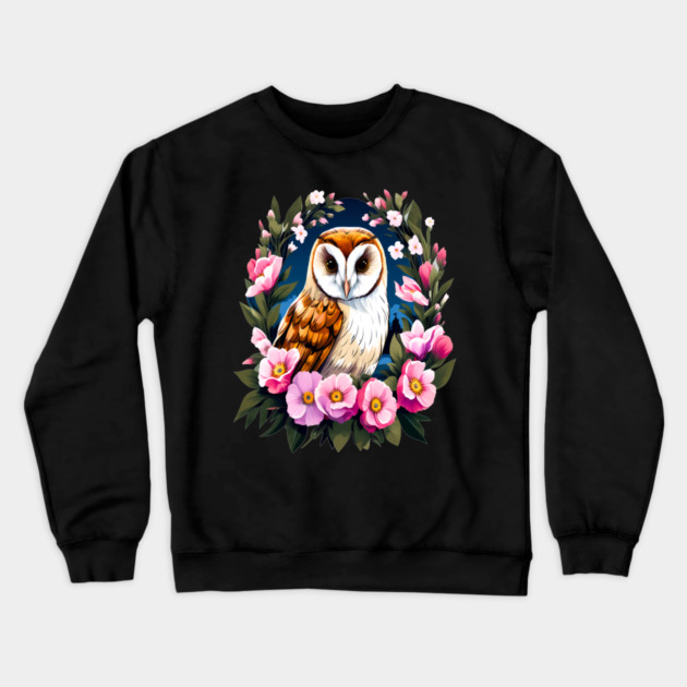 Cute European Barn Owl Surrounded by Bold Vibrant Spring Flowers Crewneck Sweatshirt by BirdsnStuff