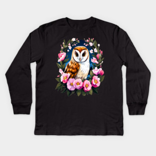 Cute European Barn Owl Surrounded by Bold Vibrant Spring Flowers Kids Long Sleeve T-Shirt