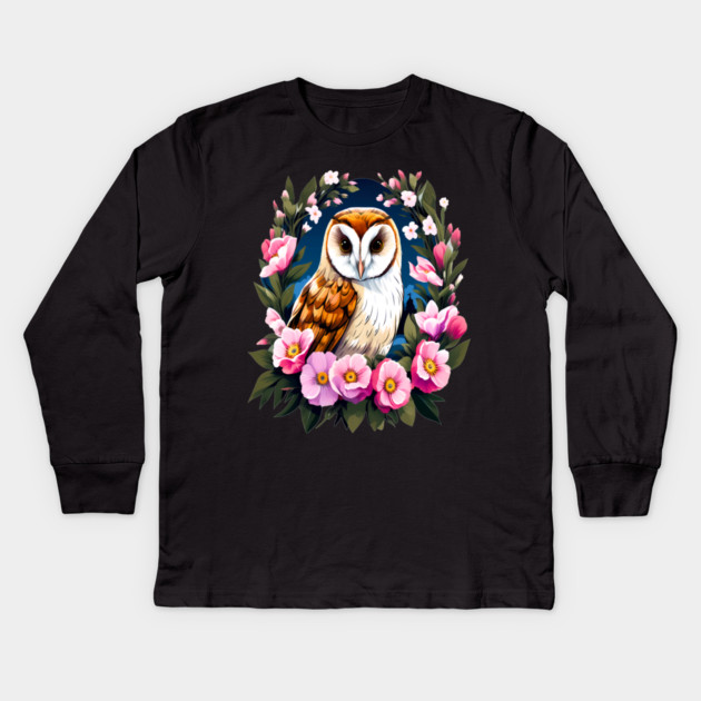 Cute European Barn Owl Surrounded by Bold Vibrant Spring Flowers Kids Long Sleeve T-Shirt by BirdsnStuff
