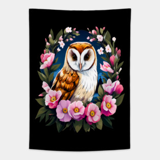 Cute European Barn Owl Surrounded by Bold Vibrant Spring Flowers Tapestry