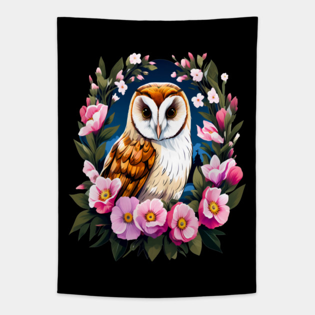 Cute European Barn Owl Surrounded by Bold Vibrant Spring Flowers Tapestry by BirdsnStuff