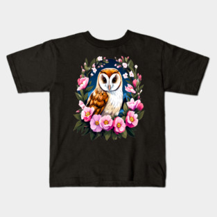 Cute European Barn Owl Surrounded by Bold Vibrant Spring Flowers Kids T-Shirt