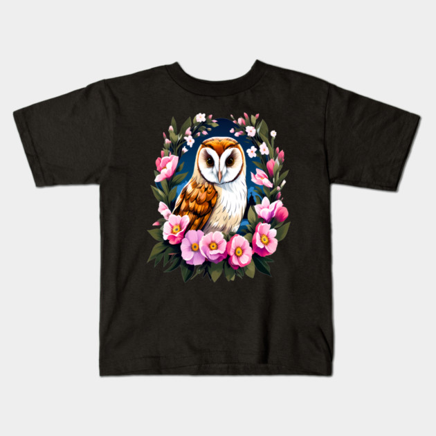 Cute European Barn Owl Surrounded by Bold Vibrant Spring Flowers Kids T-Shirt by BirdsnStuff