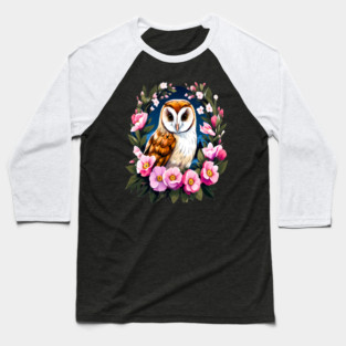 Cute European Barn Owl Surrounded by Bold Vibrant Spring Flowers Baseball T-Shirt
