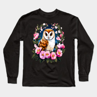 Cute European Barn Owl Surrounded by Bold Vibrant Spring Flowers Long Sleeve T-Shirt