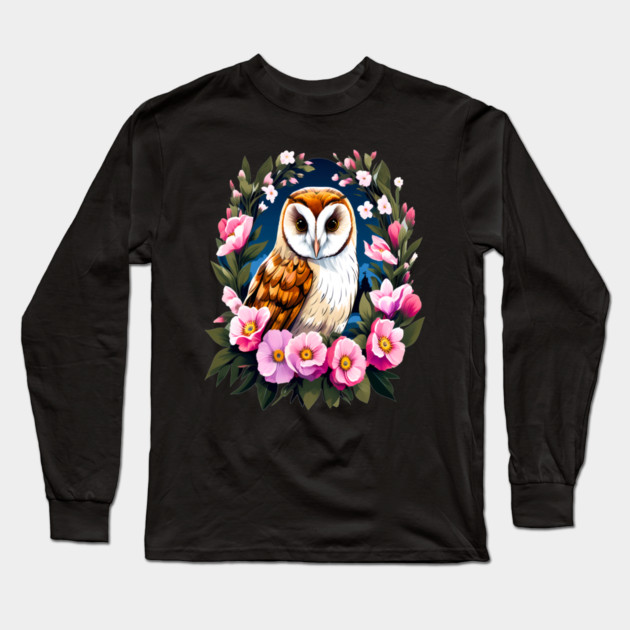 Cute European Barn Owl Surrounded by Bold Vibrant Spring Flowers Long Sleeve T-Shirt by BirdsnStuff