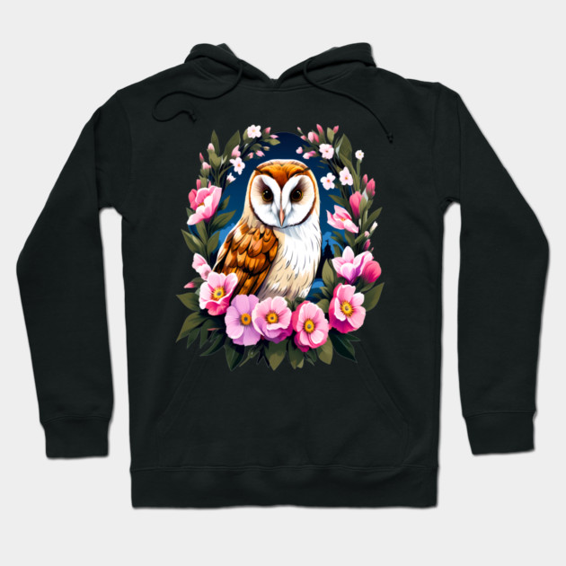 Cute European Barn Owl Surrounded by Bold Vibrant Spring Flowers Hoodie by BirdsnStuff