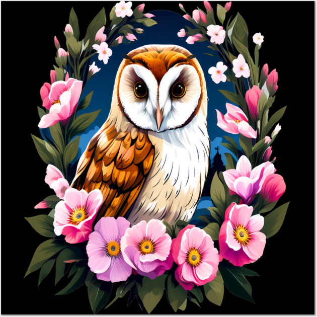 Cute European Barn Owl Surrounded by Bold Vibrant Spring Flowers Wall Art by BirdsnStuff