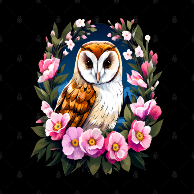 Cute European Barn Owl Surrounded by Bold Vibrant Spring Flowers by BirdsnStuff