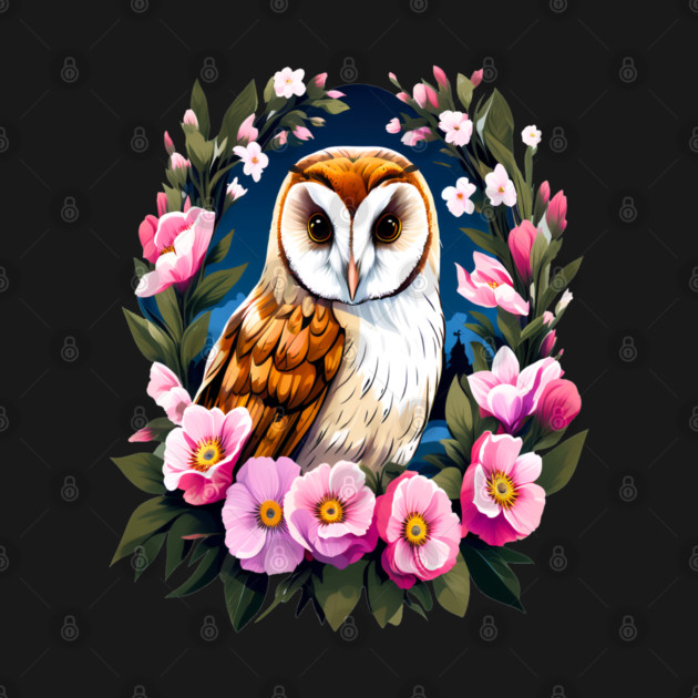 Cute European Barn Owl Surrounded by Bold Vibrant Spring Flowers by BirdsnStuff