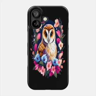 Cute European Barn Owl Surrounded by Bold Vibrant Spring Flowers Phone Case