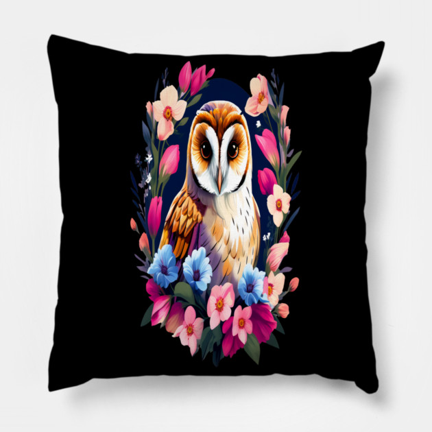 Cute European Barn Owl Surrounded by Bold Vibrant Spring Flowers Pillow by BirdsnStuff
