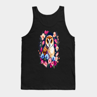 Cute European Barn Owl Surrounded by Bold Vibrant Spring Flowers Tank Top