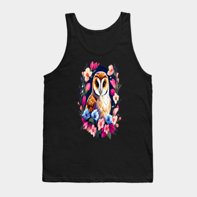 Cute European Barn Owl Surrounded by Bold Vibrant Spring Flowers Tank Top by BirdsnStuff