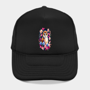 Cute European Barn Owl Surrounded by Bold Vibrant Spring Flowers Hat