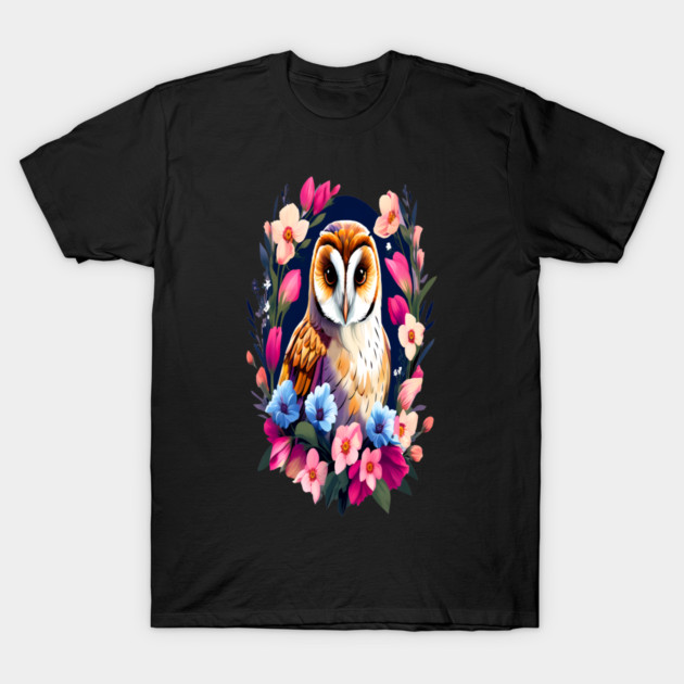 Cute European Barn Owl Surrounded by Bold Vibrant Spring Flowers T-Shirt by BirdsnStuff