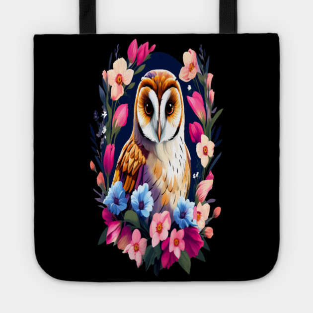 Cute European Barn Owl Surrounded by Bold Vibrant Spring Flowers Tote by BirdsnStuff