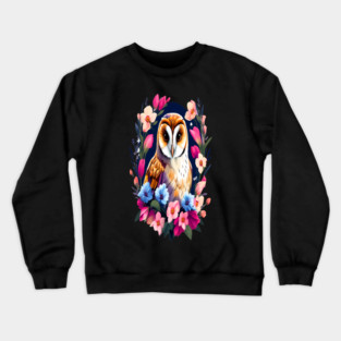 Cute European Barn Owl Surrounded by Bold Vibrant Spring Flowers Crewneck Sweatshirt