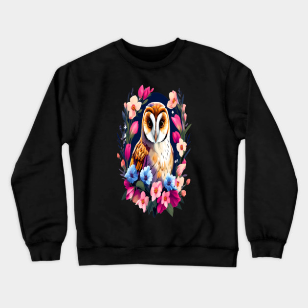 Cute European Barn Owl Surrounded by Bold Vibrant Spring Flowers Crewneck Sweatshirt by BirdsnStuff
