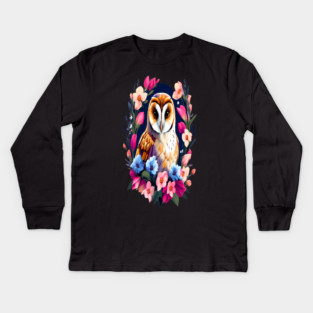 Cute European Barn Owl Surrounded by Bold Vibrant Spring Flowers Kids Long Sleeve T-Shirt