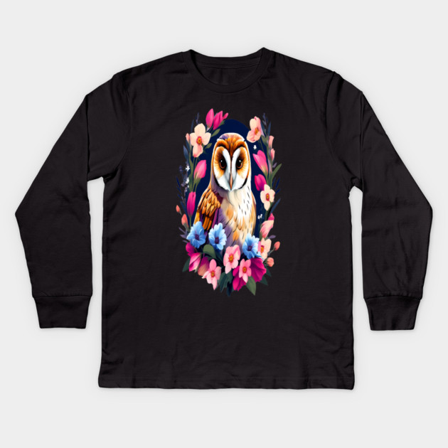 Cute European Barn Owl Surrounded by Bold Vibrant Spring Flowers Kids Long Sleeve T-Shirt by BirdsnStuff