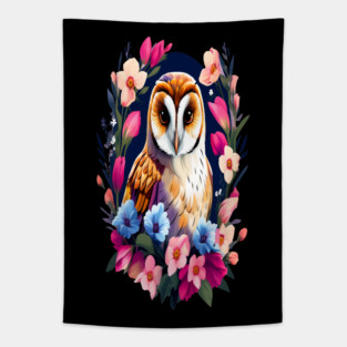 Cute European Barn Owl Surrounded by Bold Vibrant Spring Flowers Tapestry