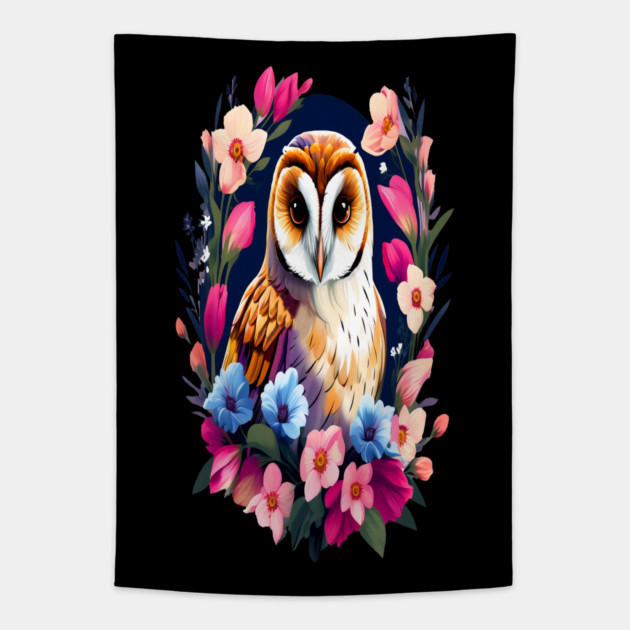 Cute European Barn Owl Surrounded by Bold Vibrant Spring Flowers Tapestry by BirdsnStuff