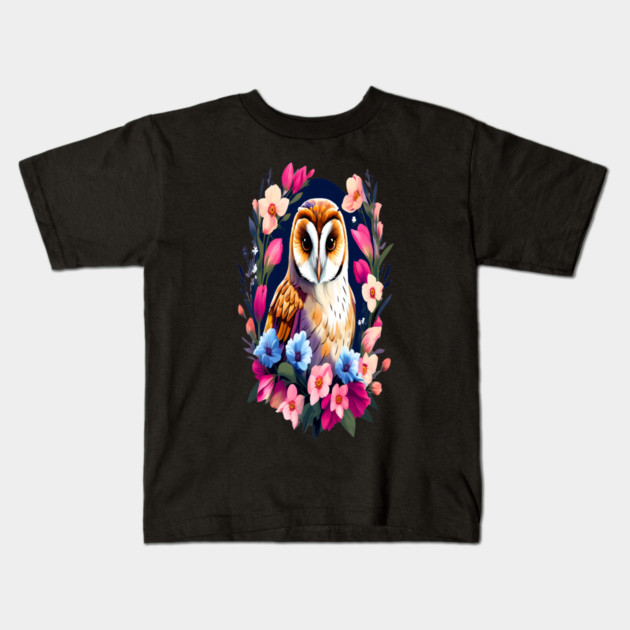 Cute European Barn Owl Surrounded by Bold Vibrant Spring Flowers Kids T-Shirt by BirdsnStuff