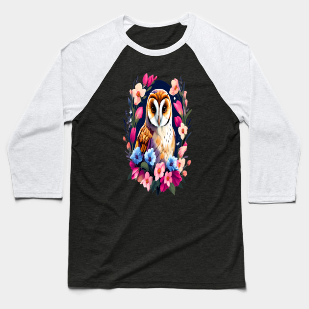 Cute European Barn Owl Surrounded by Bold Vibrant Spring Flowers Baseball T-Shirt by BirdsnStuff