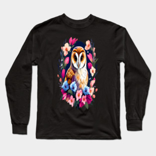 Cute European Barn Owl Surrounded by Bold Vibrant Spring Flowers Long Sleeve T-Shirt