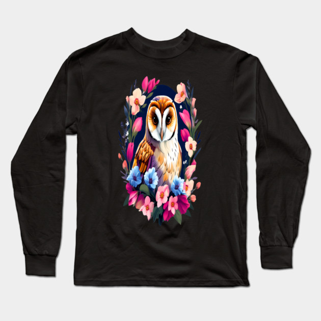 Cute European Barn Owl Surrounded by Bold Vibrant Spring Flowers Long Sleeve T-Shirt by BirdsnStuff