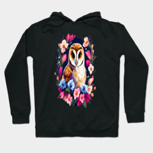 Cute European Barn Owl Surrounded by Bold Vibrant Spring Flowers Hoodie