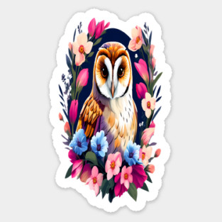 Cute European Barn Owl Surrounded by Bold Vibrant Spring Flowers Sticker