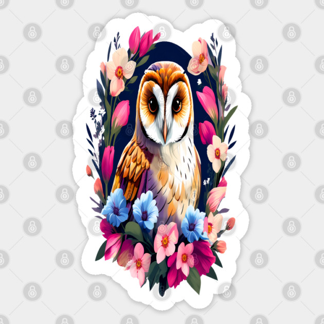 Cute European Barn Owl Surrounded by Bold Vibrant Spring Flowers Sticker by BirdsnStuff