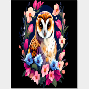 Cute European Barn Owl Surrounded by Bold Vibrant Spring Flowers Posters and Art