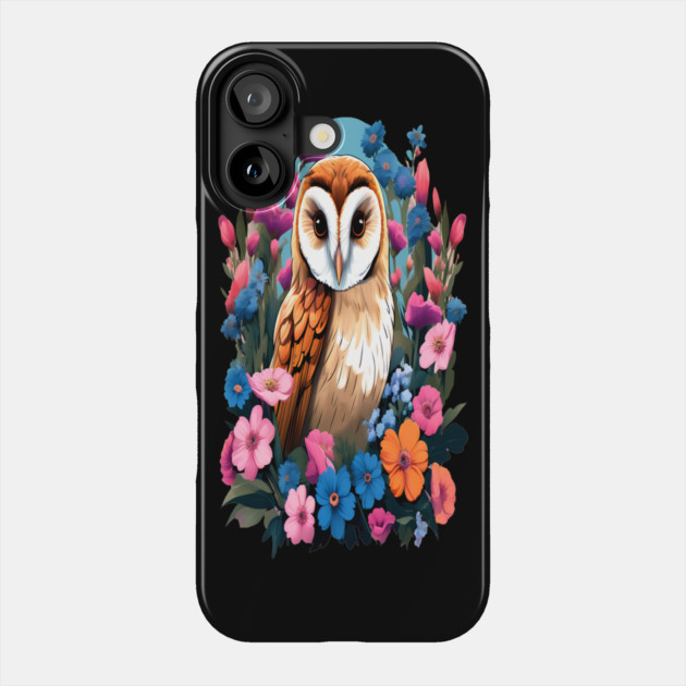 Cute European Barn Owl Surrounded by Bold Vibrant Spring Flowers Phone Case by BirdsnStuff
