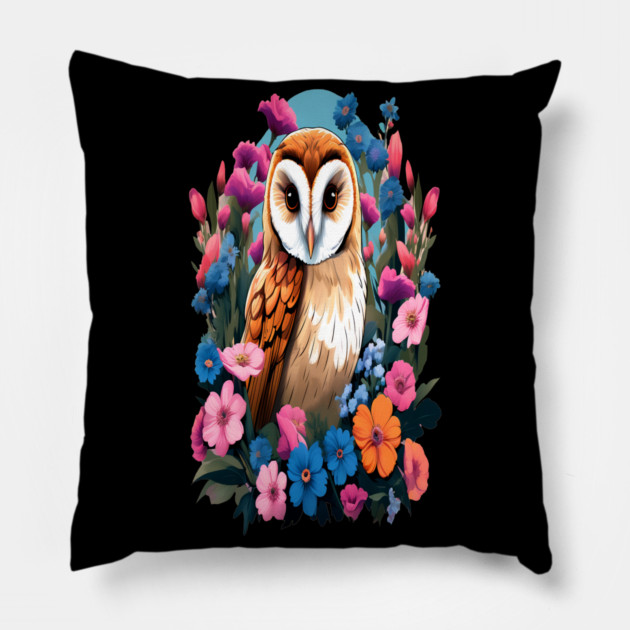 Cute European Barn Owl Surrounded by Bold Vibrant Spring Flowers Pillow by BirdsnStuff