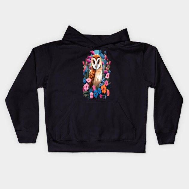 Cute European Barn Owl Surrounded by Bold Vibrant Spring Flowers Kids Hoodie by BirdsnStuff