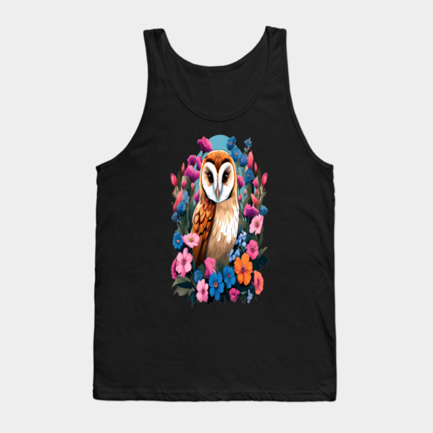 Cute European Barn Owl Surrounded by Bold Vibrant Spring Flowers Tank Top by BirdsnStuff