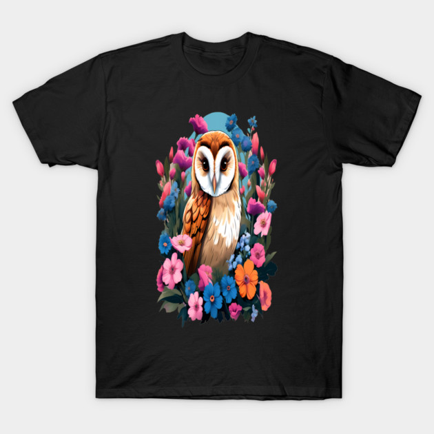 Cute European Barn Owl Surrounded by Bold Vibrant Spring Flowers T-Shirt by BirdsnStuff