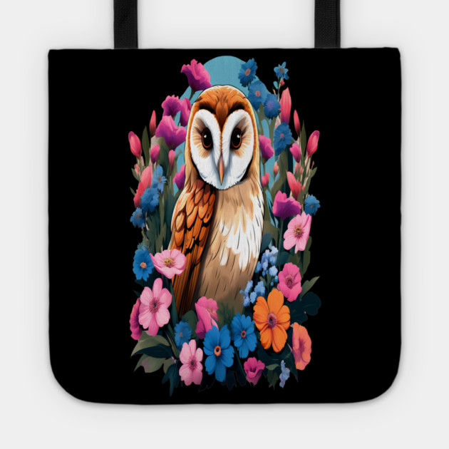Cute European Barn Owl Surrounded by Bold Vibrant Spring Flowers Tote by BirdsnStuff
