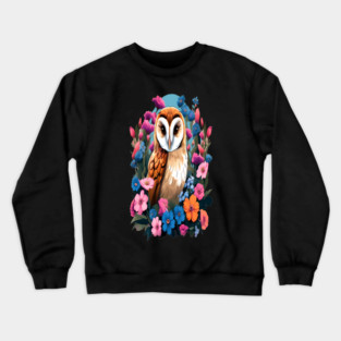 Cute European Barn Owl Surrounded by Bold Vibrant Spring Flowers Crewneck Sweatshirt