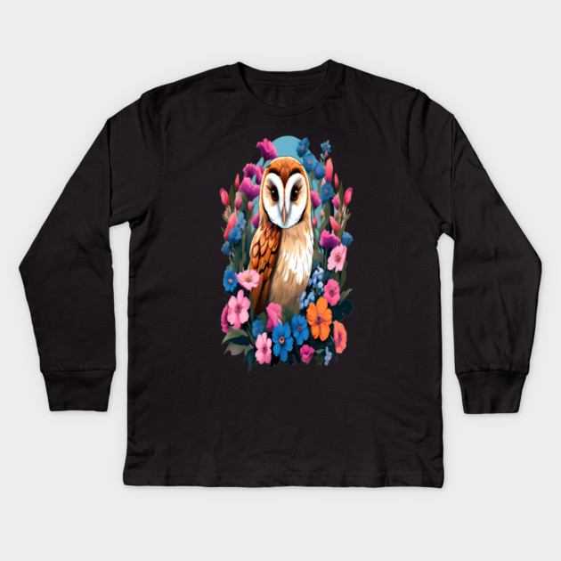 Cute European Barn Owl Surrounded by Bold Vibrant Spring Flowers Kids Long Sleeve T-Shirt by BirdsnStuff