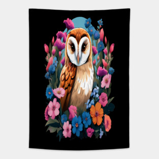 Cute European Barn Owl Surrounded by Bold Vibrant Spring Flowers Tapestry