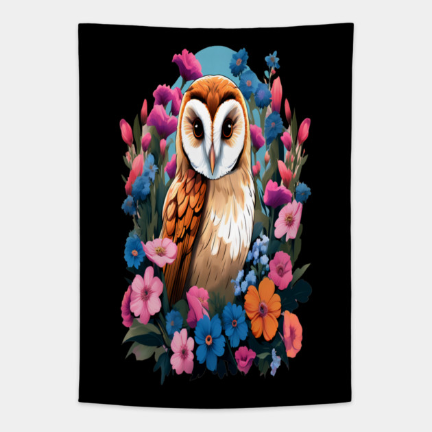 Cute European Barn Owl Surrounded by Bold Vibrant Spring Flowers Tapestry by BirdsnStuff