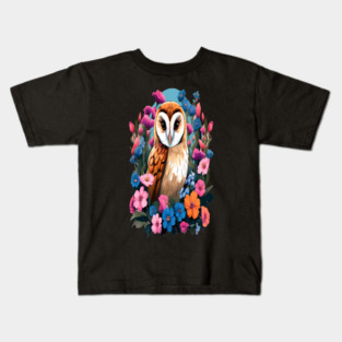 Cute European Barn Owl Surrounded by Bold Vibrant Spring Flowers Kids T-Shirt