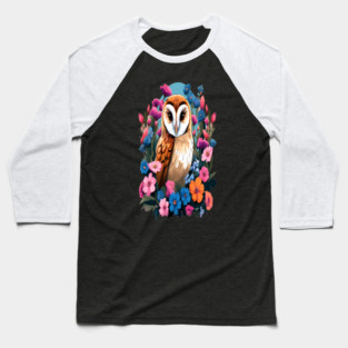 Cute European Barn Owl Surrounded by Bold Vibrant Spring Flowers Baseball T-Shirt
